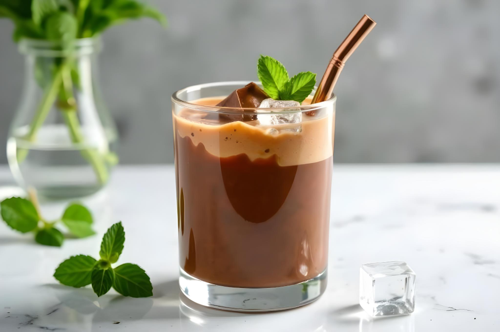 Bebida fría de chocolate té y menta