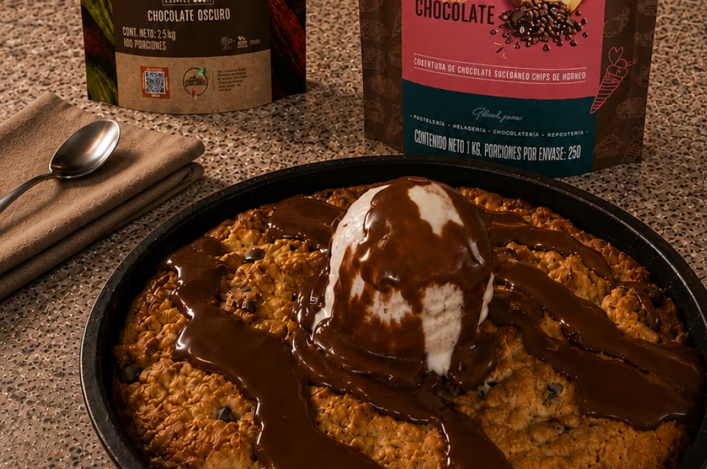 Cookie gigante en sartén con centro de chocolate fundido