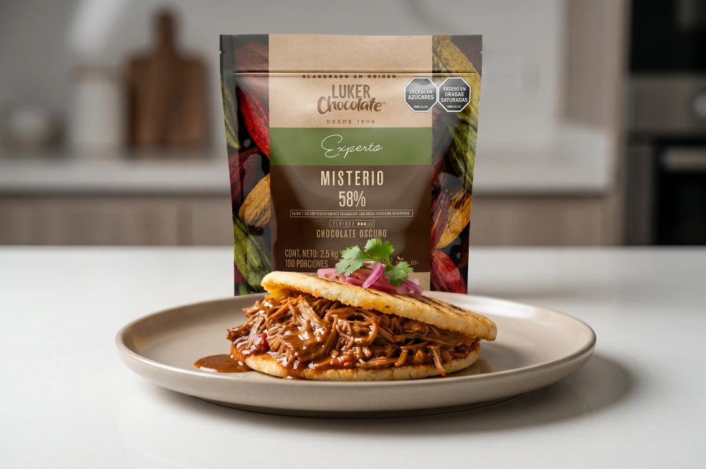 Arepa crujiente con cerdo desmechado y salsa de cacao